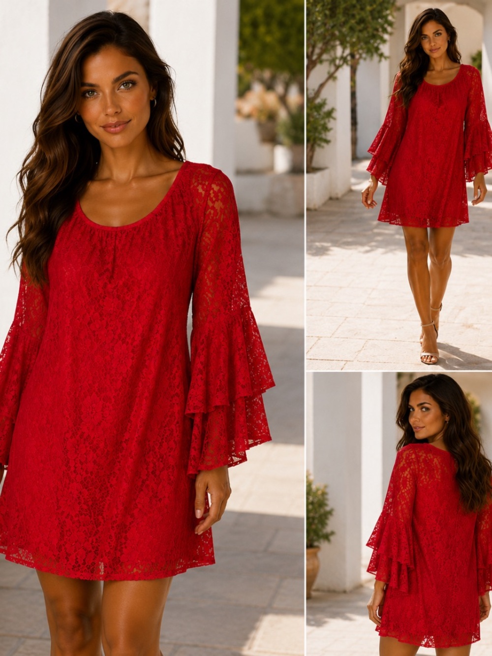 Rachel Kate Red Lace Bell-Sleeve Tunic dress
